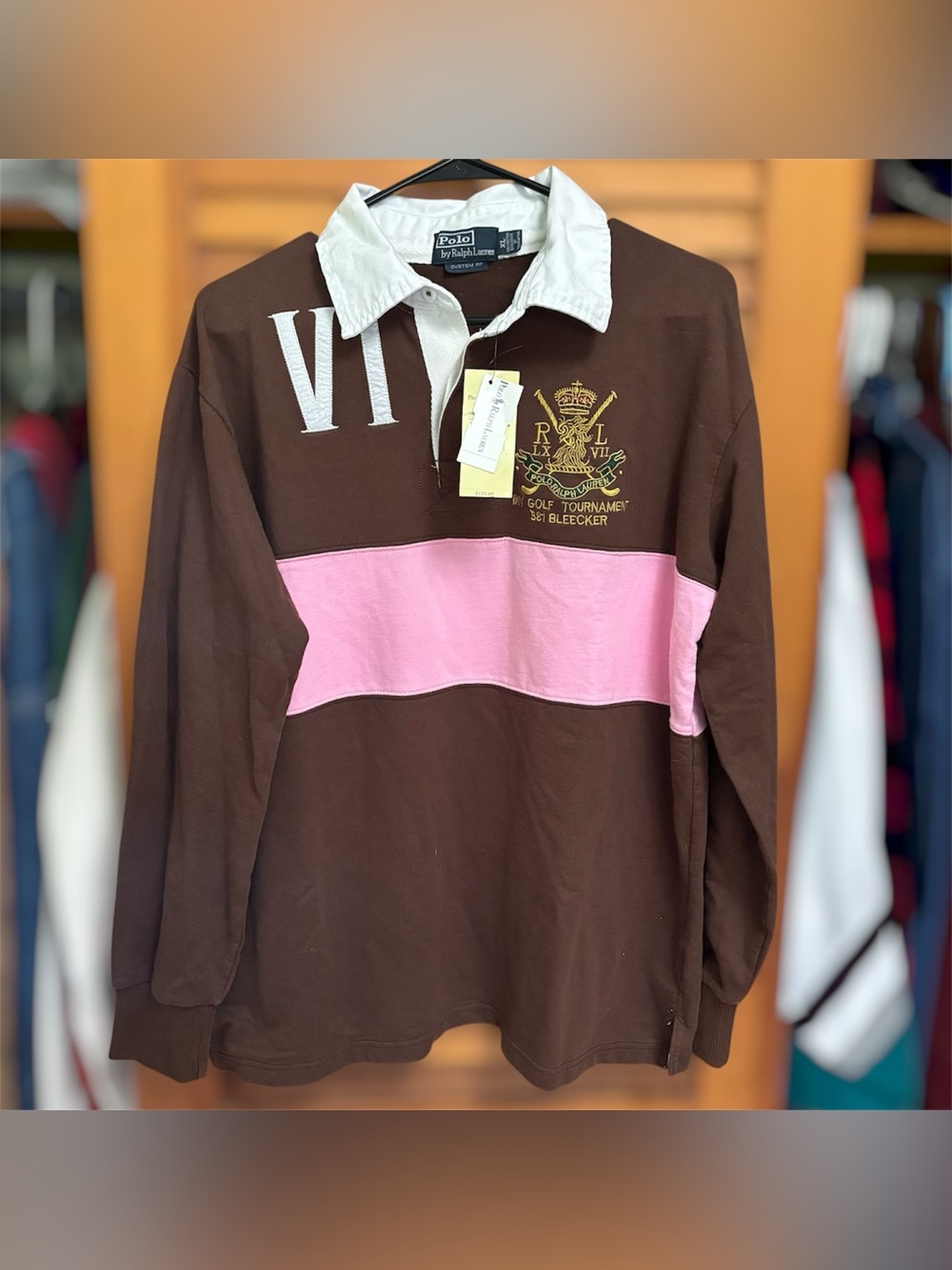Vintage Polo Ralph Lauren Rugby Shirt Crest Patch Embroidered Brown NWT Mens XL